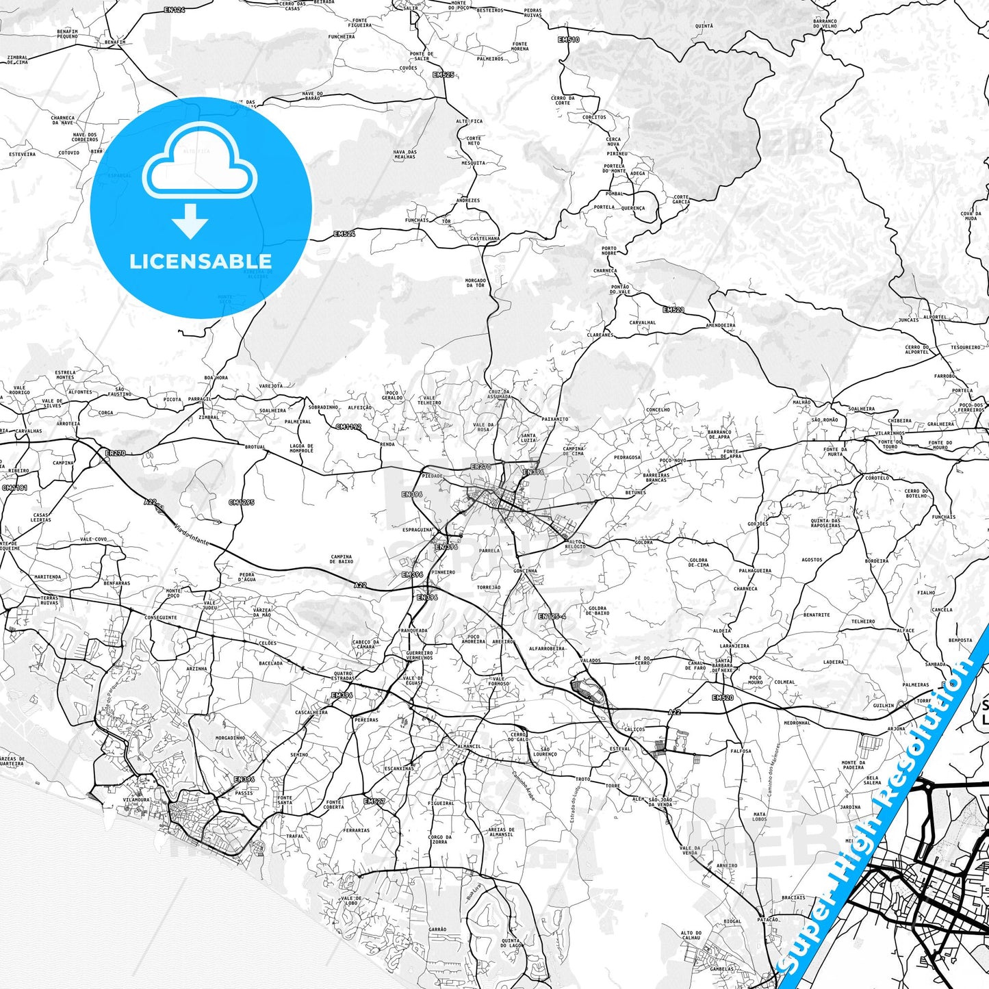 Loulé, Portugal light map with streetnames, citynames and districts