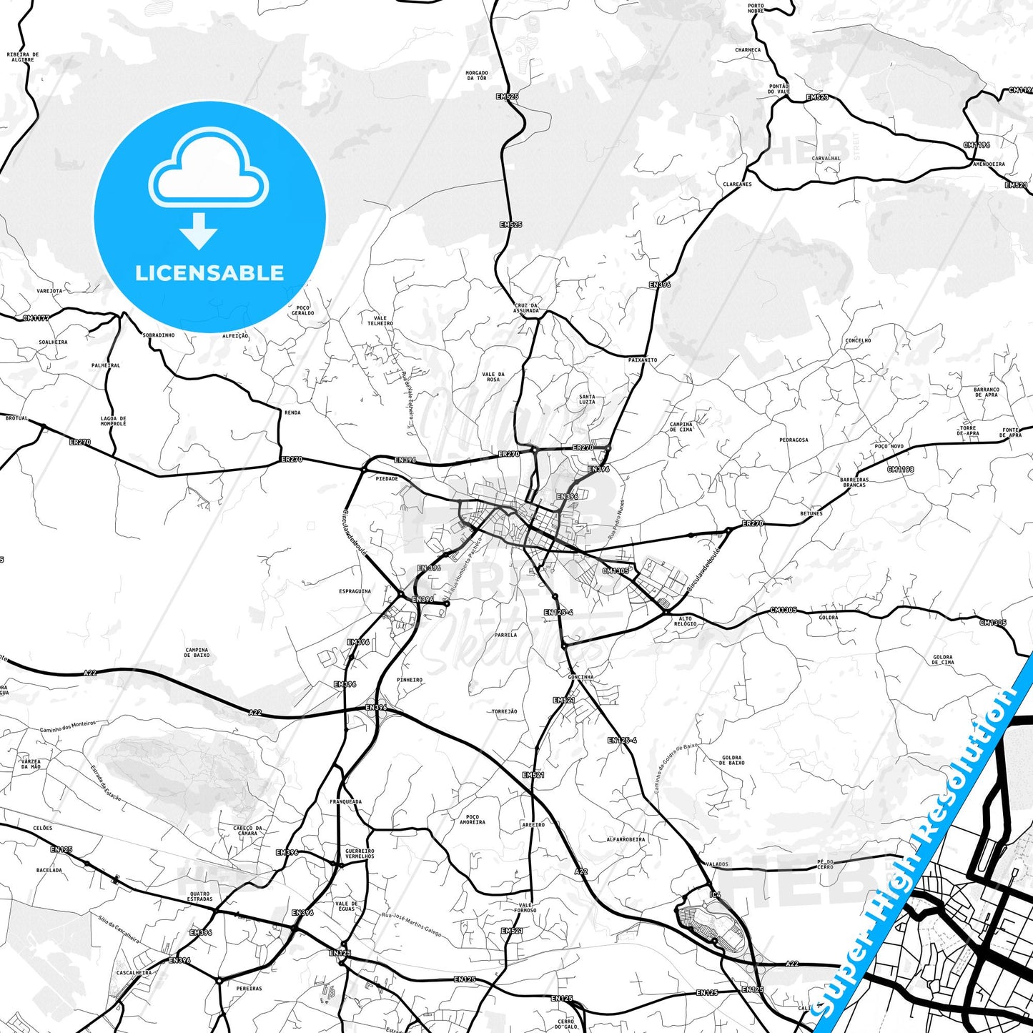 Loulé, Portugal Light Map with Street Names, City Names, and Districts