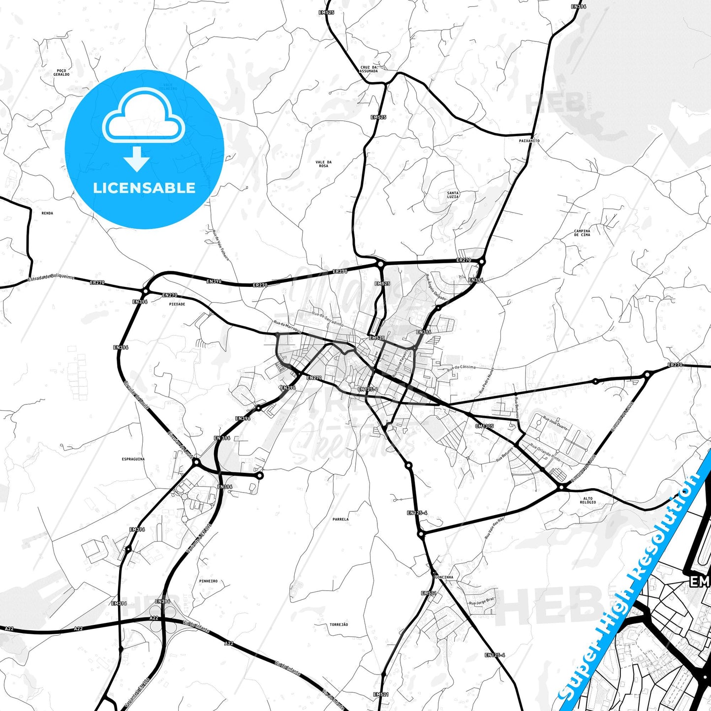 Loulé, Portugal Light Map with Street Names, City Names, and Districts