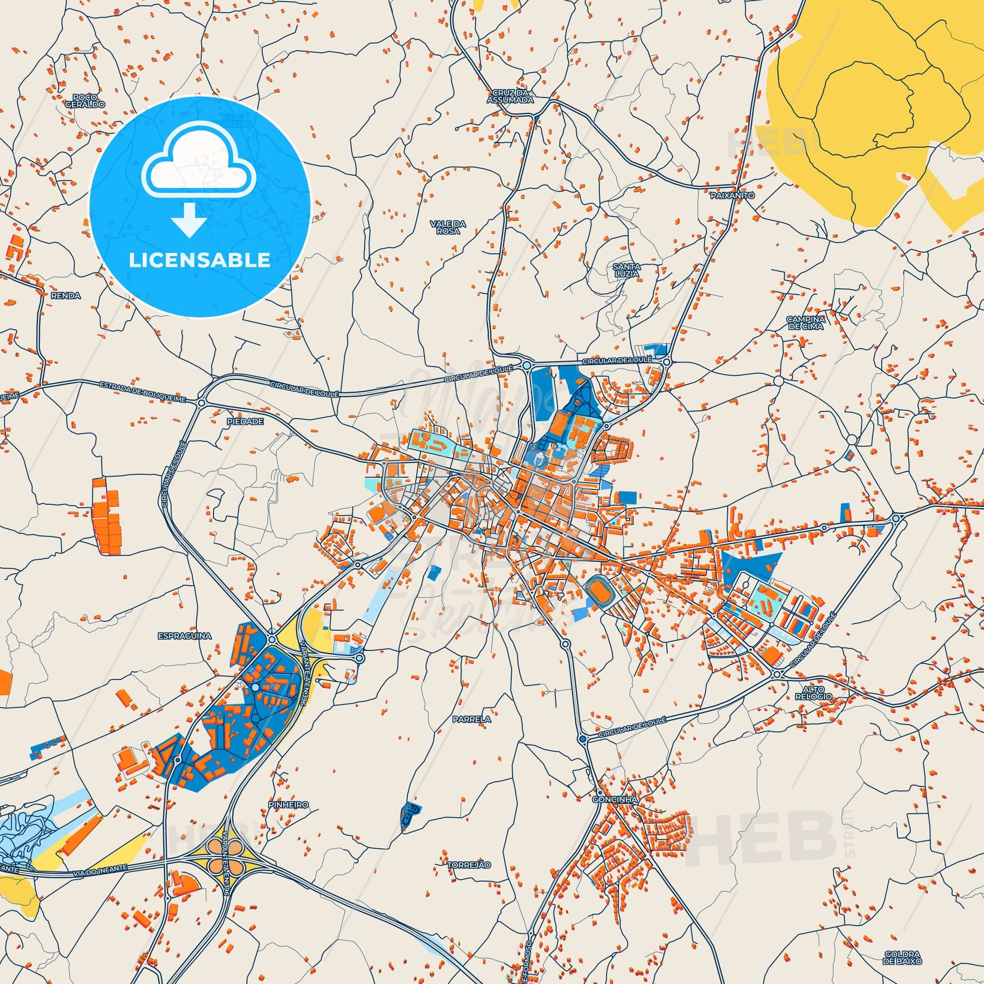 Colorful Loulé Street Map with Labels and Buildings