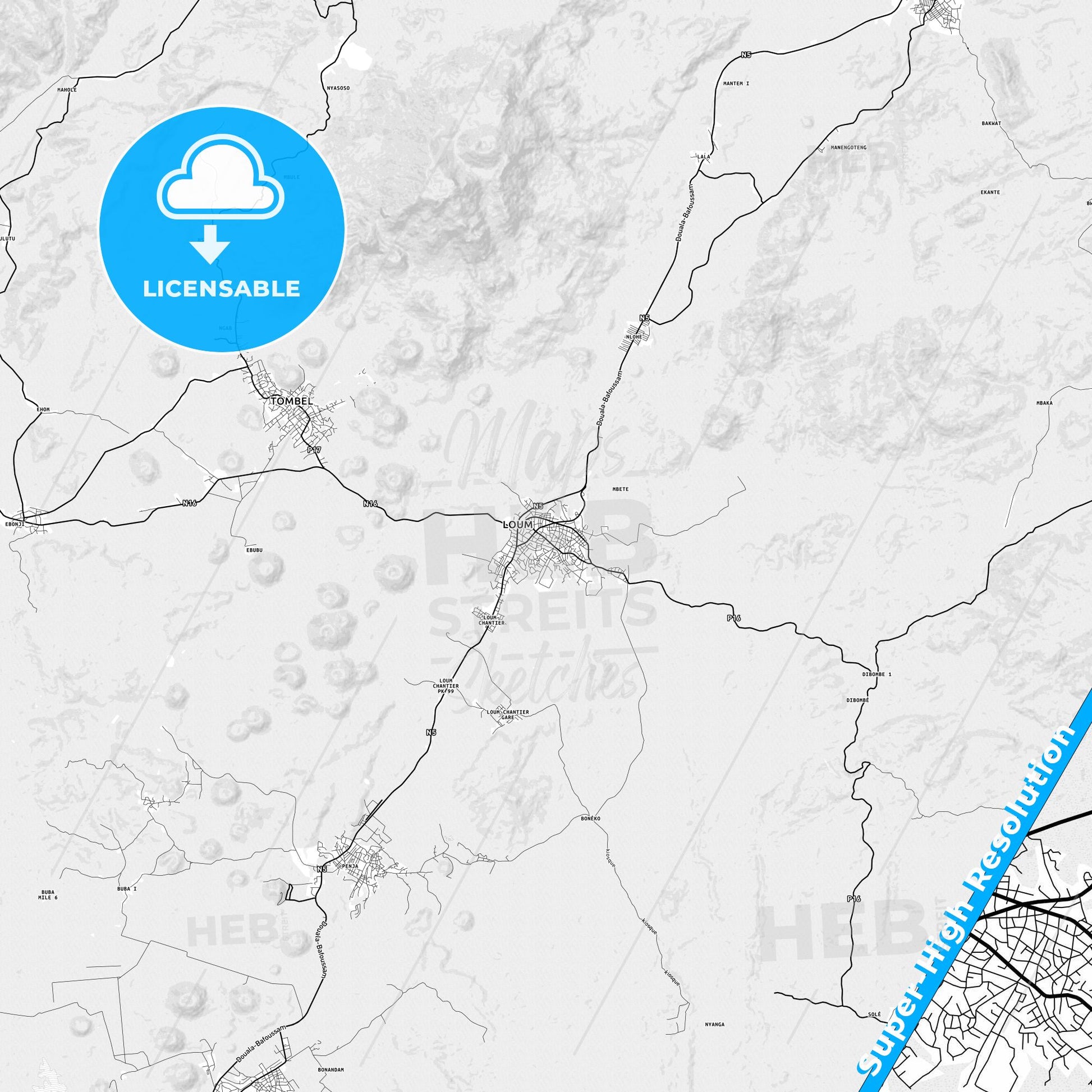 Loum, Cameroon light map with streetnames, citynames and districts