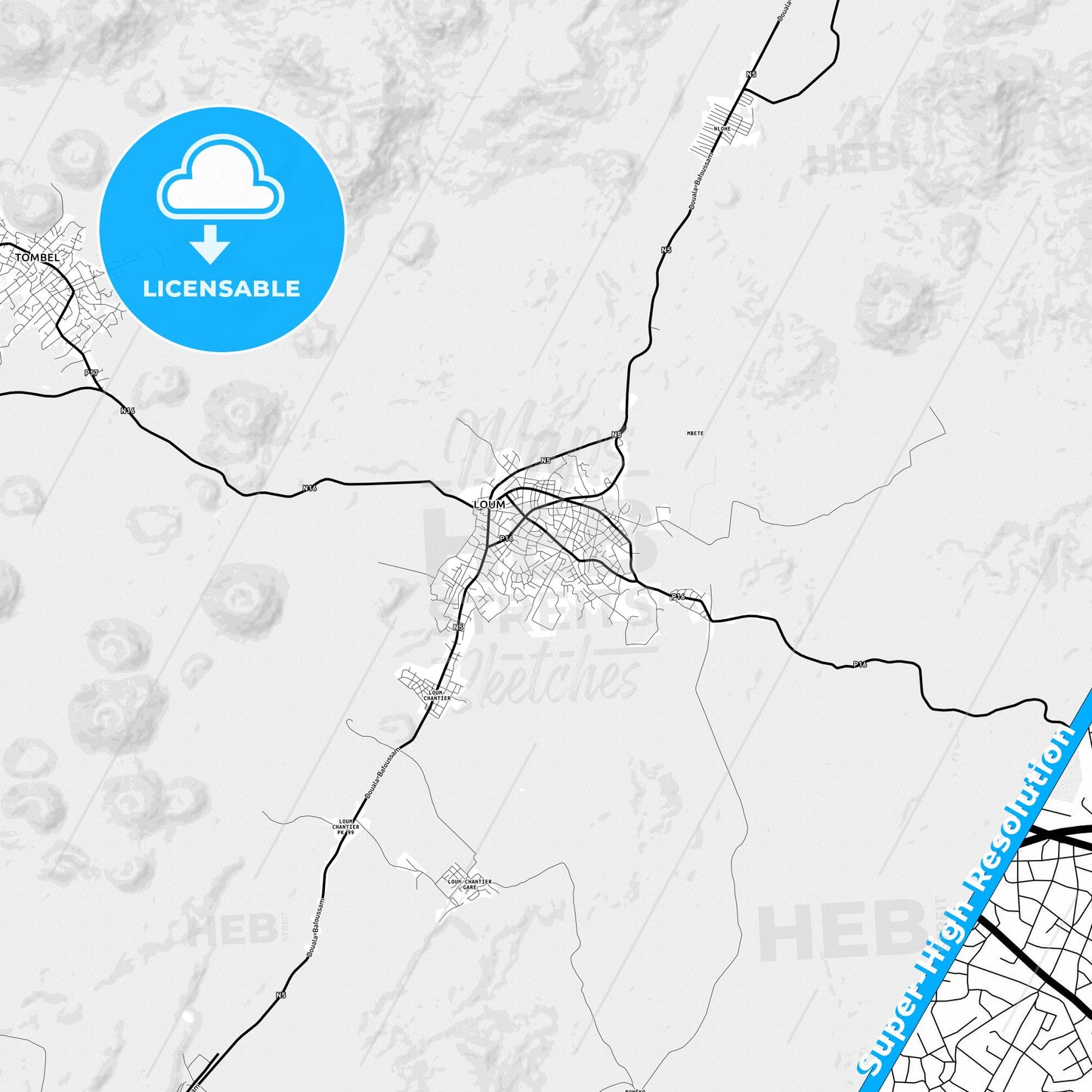 Loum, Cameroon Light Map with Street Names, City Names, and Districts