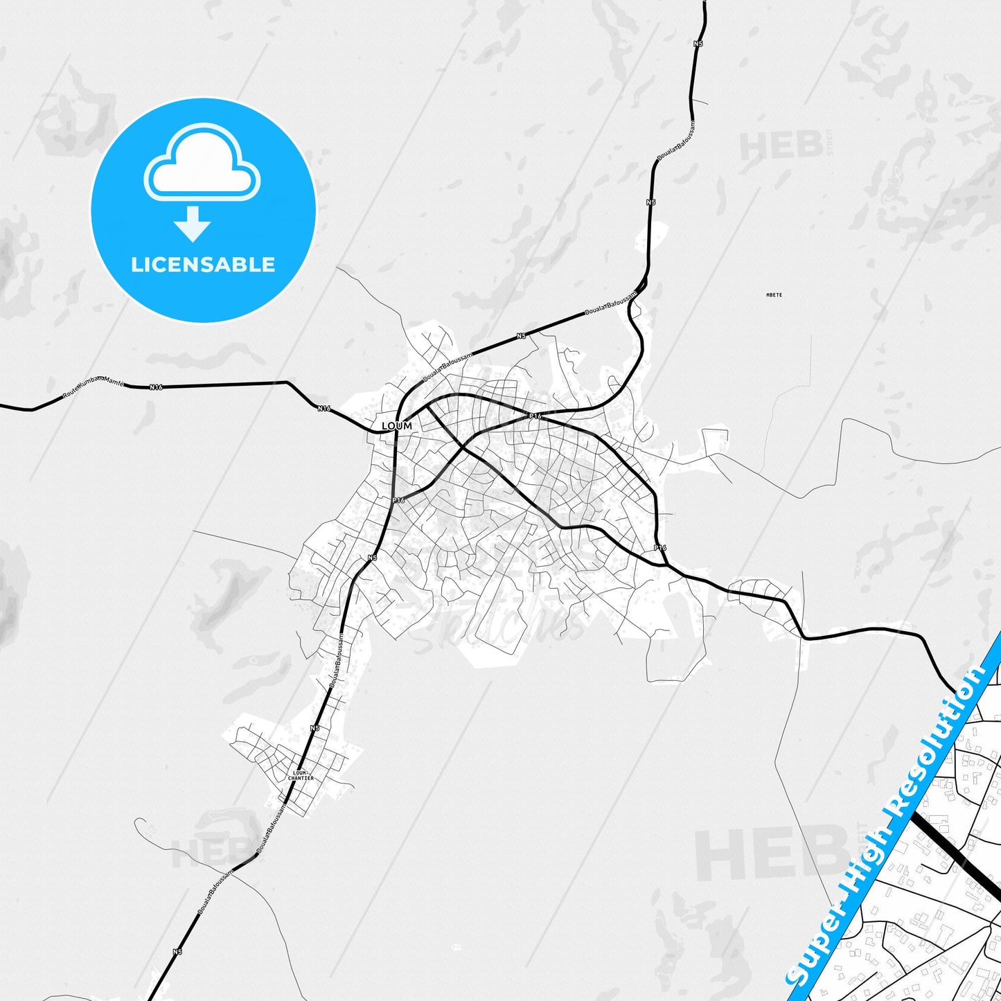 Loum, Cameroon Light Map with Street Names, City Names, and Districts
