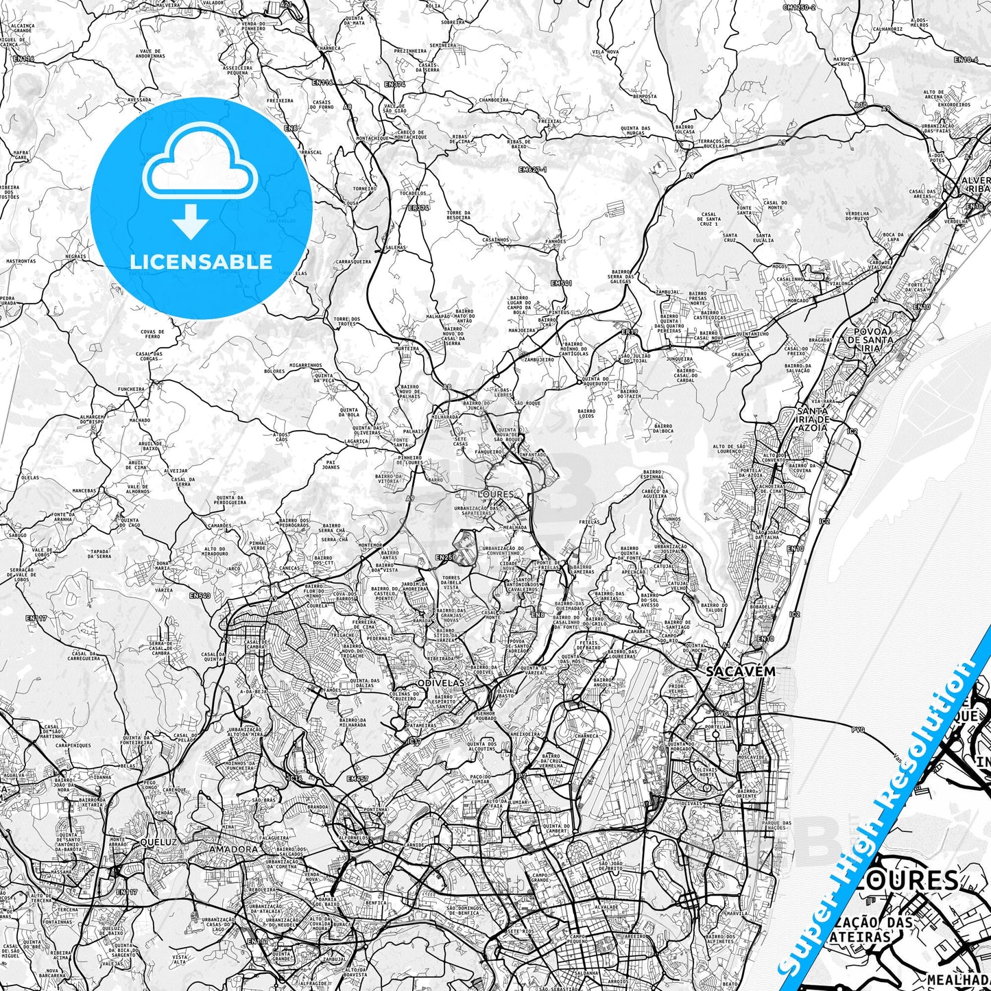 Loures, Portugal light map with streetnames, citynames and districts