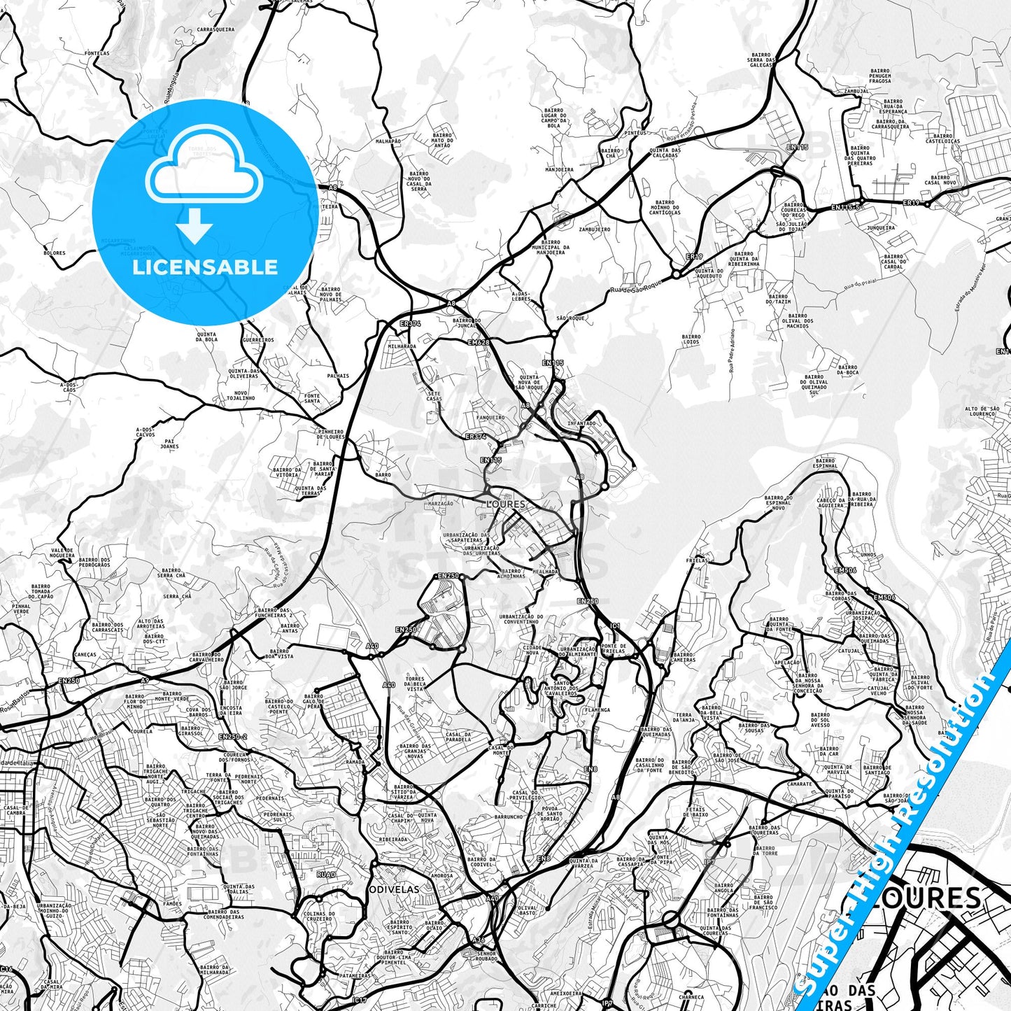 Loures, Portugal Light Map with Street Names, City Names, and Districts