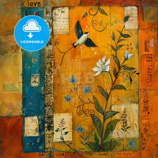 A Painting Of Birds Flying Over A Flower