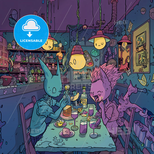 A Cartoon Of Two Monsters Sitting At A Table