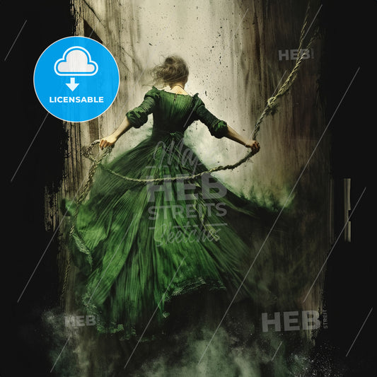 A Woman In A Green Dress Holding A Rope