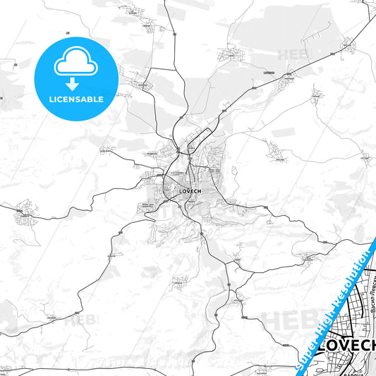 Lovech, Bulgaria light map with streetnames, citynames and districts