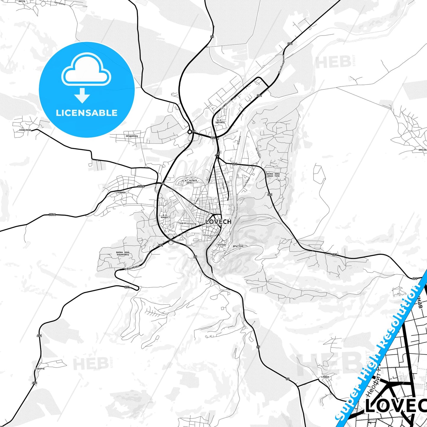 Lovech, Bulgaria Light Map with Street Names, City Names, and Districts