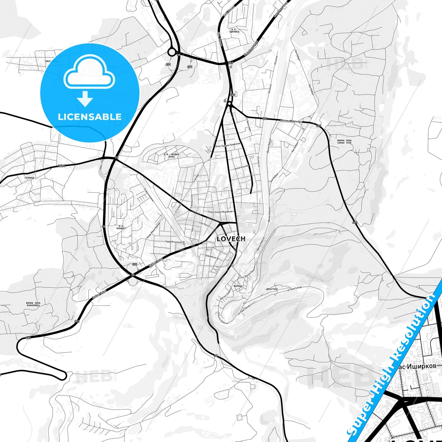Lovech, Bulgaria Light Map with Street Names, City Names, and Districts