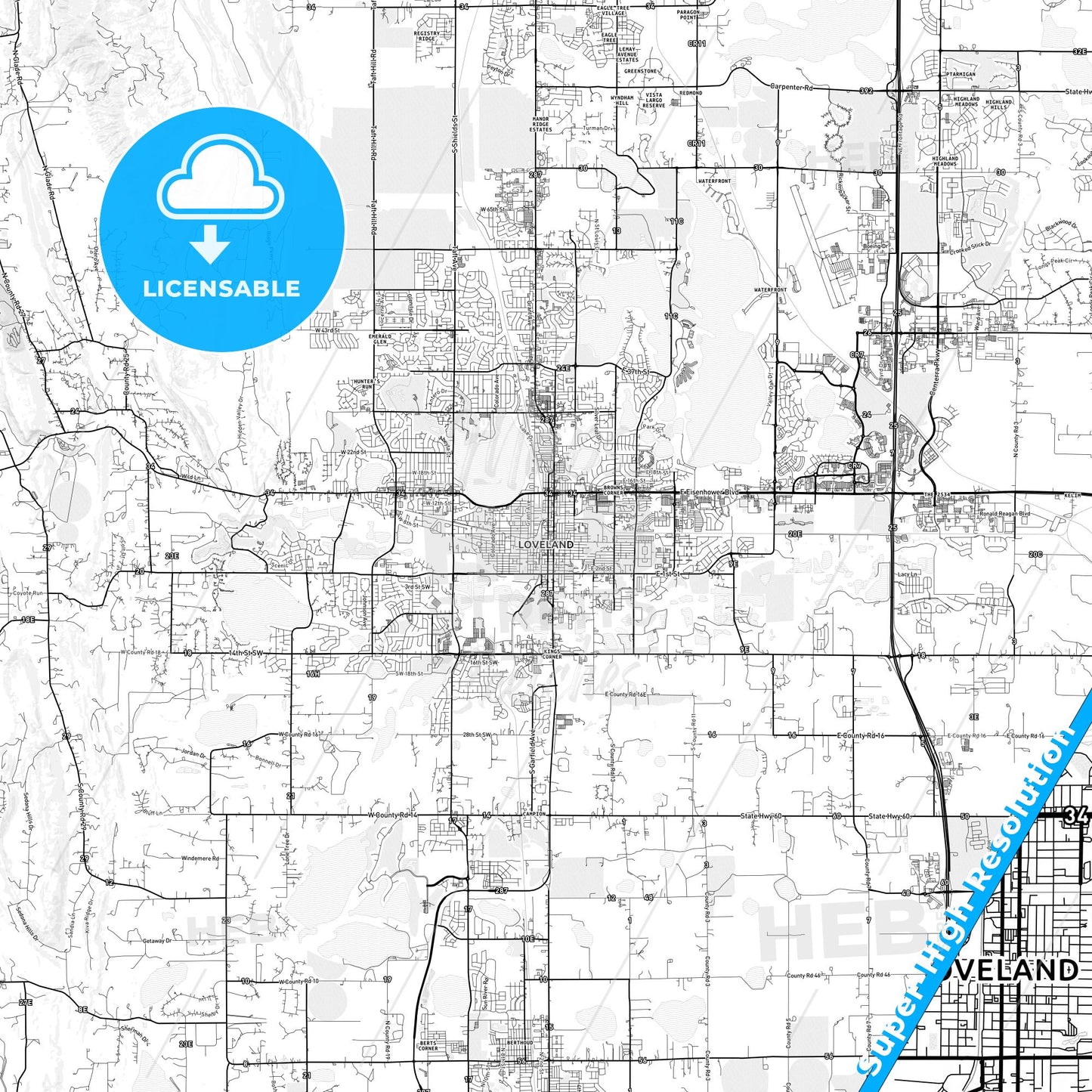 Loveland, Colorado light map with streetnames, citynames and districts