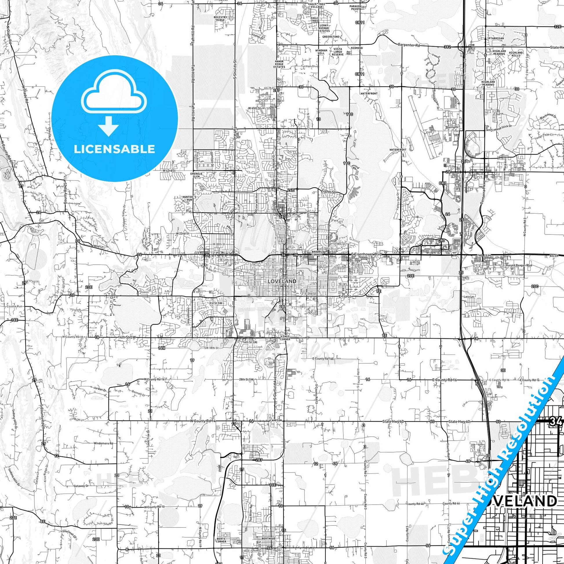 Loveland, Colorado light map with streetnames, citynames and districts