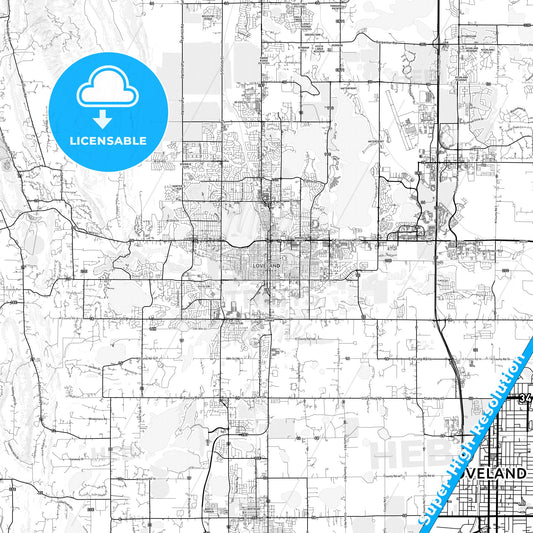 Loveland, Colorado light map with streetnames, citynames and districts