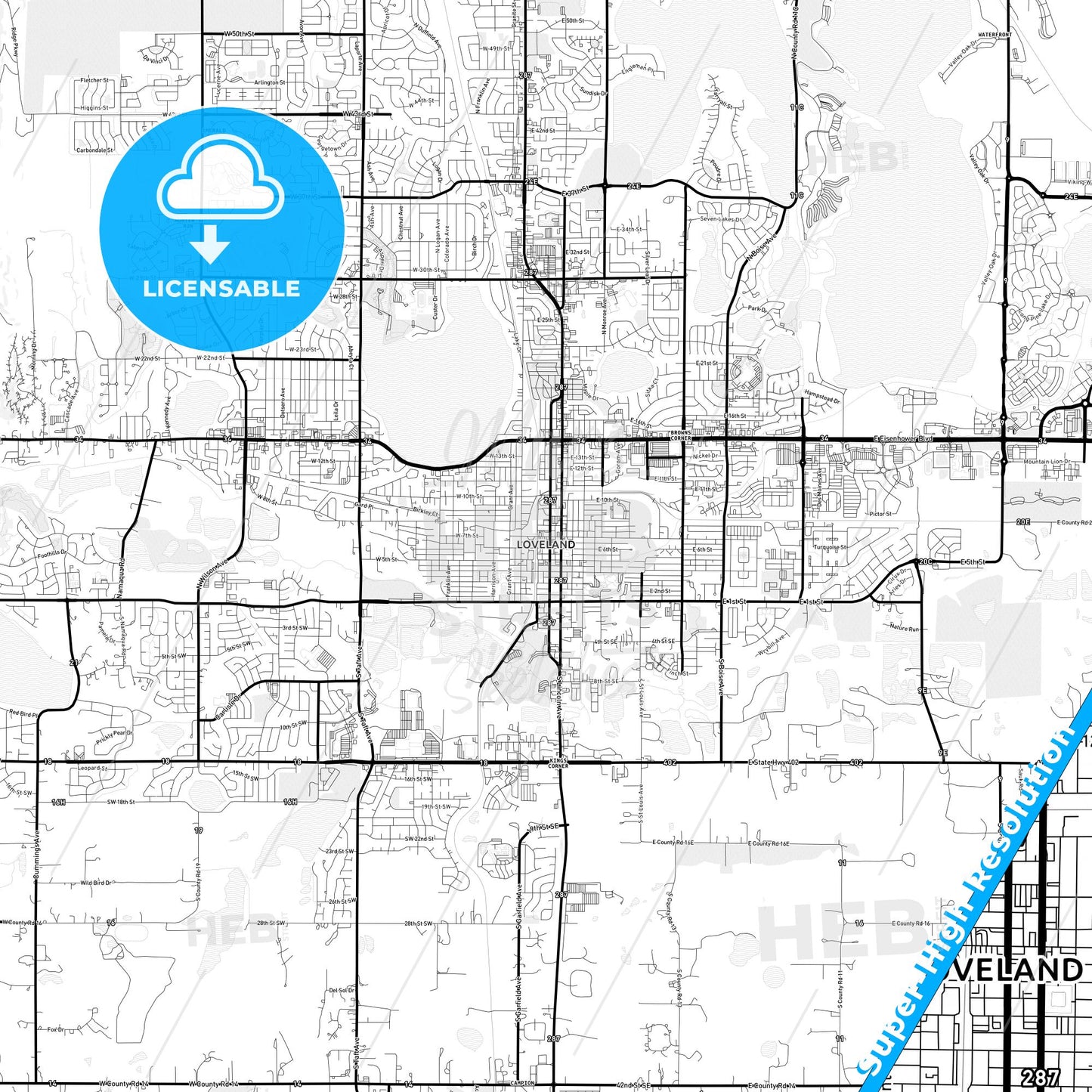 Loveland, Colorado Light Map with Street Names, City Names, and Districts