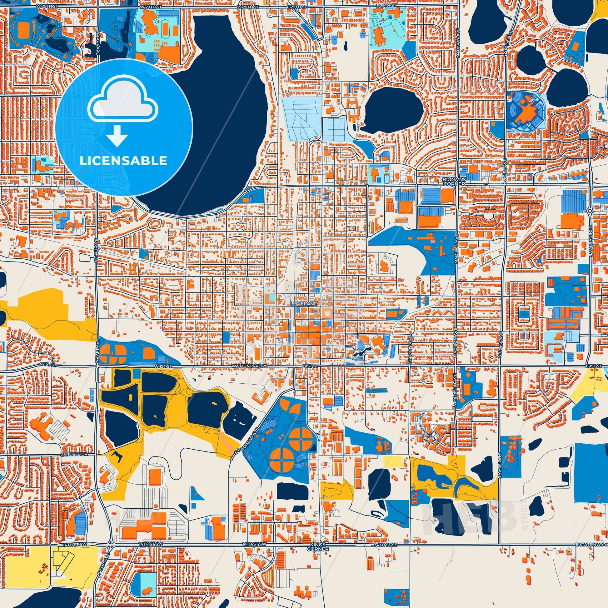 Colorful Loveland Street Map with Labels and Buildings