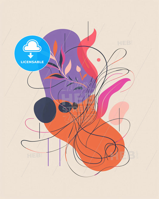 Purple Blue Grey Black Line Art Simplicity - A colorful art with swirls and leaves