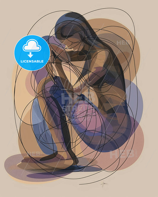 Serene Serenity: Modern Line Art on Beige - A woman sitting down with her hands on her knees