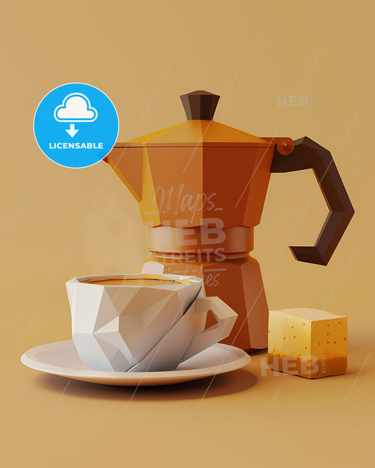 Low poly colorful vibrant cubism origami paper craft 16K UHD studio lighting coffee mocha pot cheese cake coffee cup digital art coffee pot coffee cup top