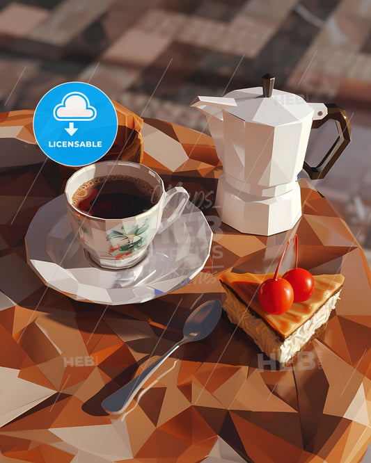 Low poly 3D model of a Moka Pot, coffee, and cheesecake on a table in origami style, cubism, studio lighting, UHD, 16K