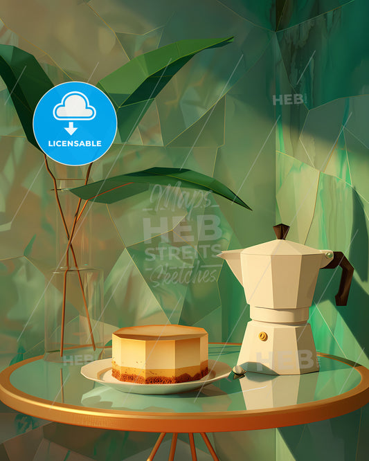 Origami Cubist Still Life: Low Poly Coffee Pot and Cheesecake, UHD 16K