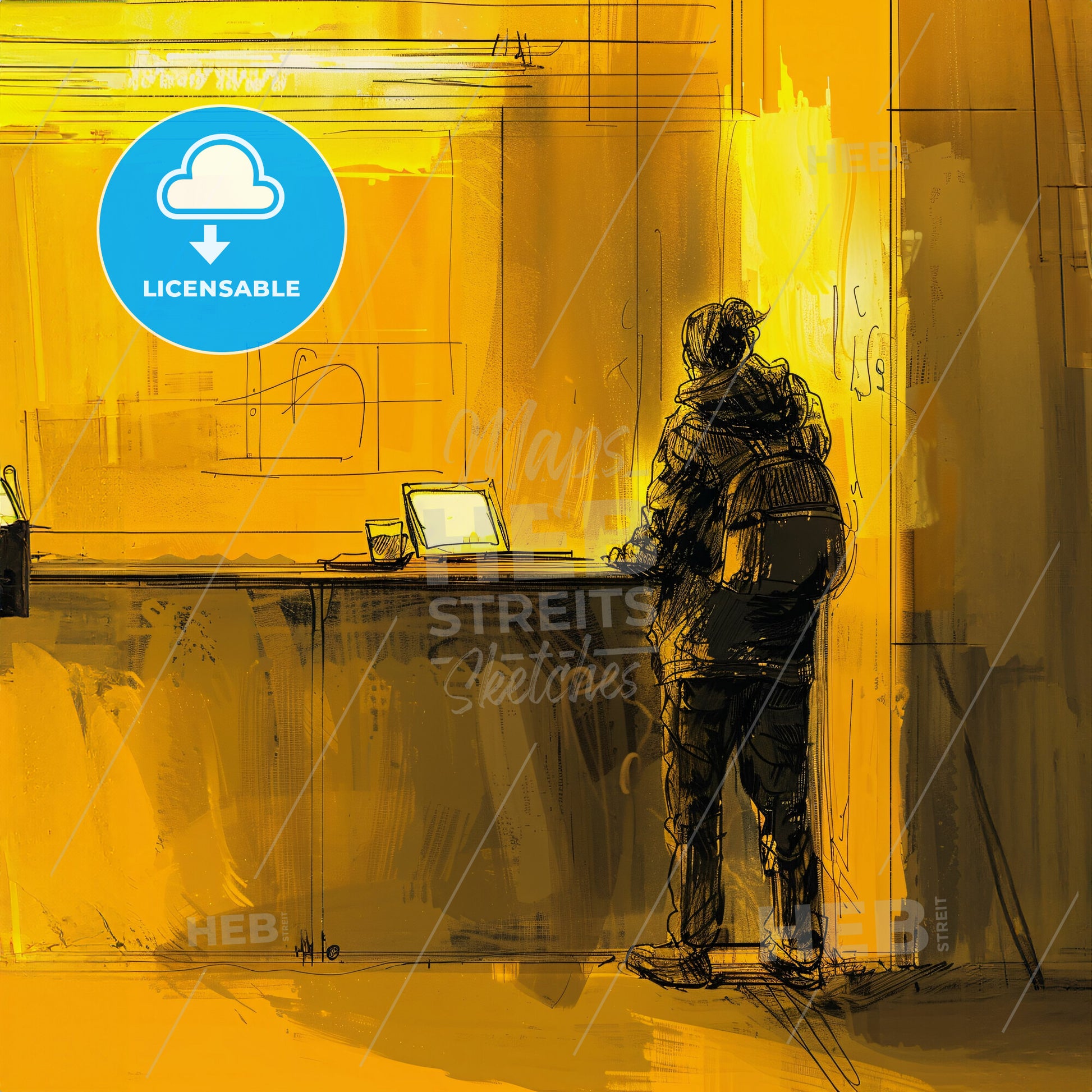 A Man Standing At A Counter With A Laptop