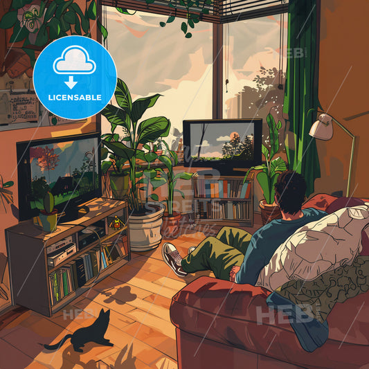 A Man Sitting In A Chair Watching Television