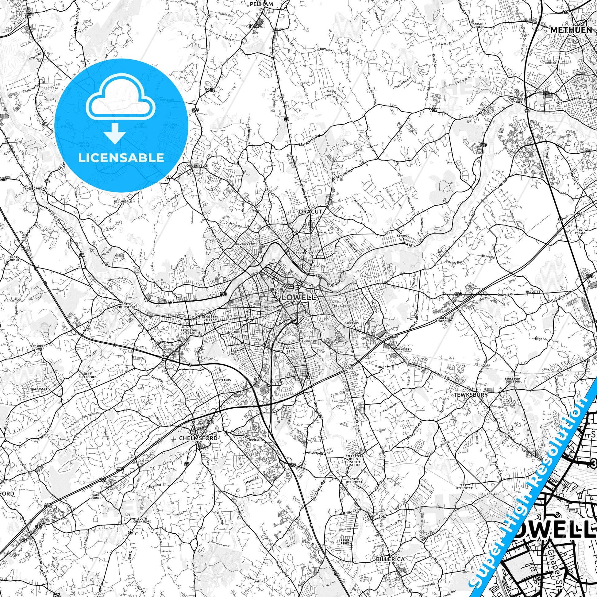 Lowell, Massachusetts light map with streetnames, citynames and districts