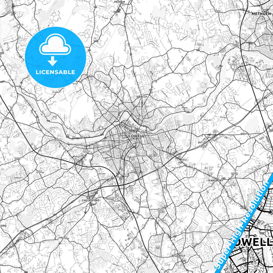 Lowell, Massachusetts light map with streetnames, citynames and districts
