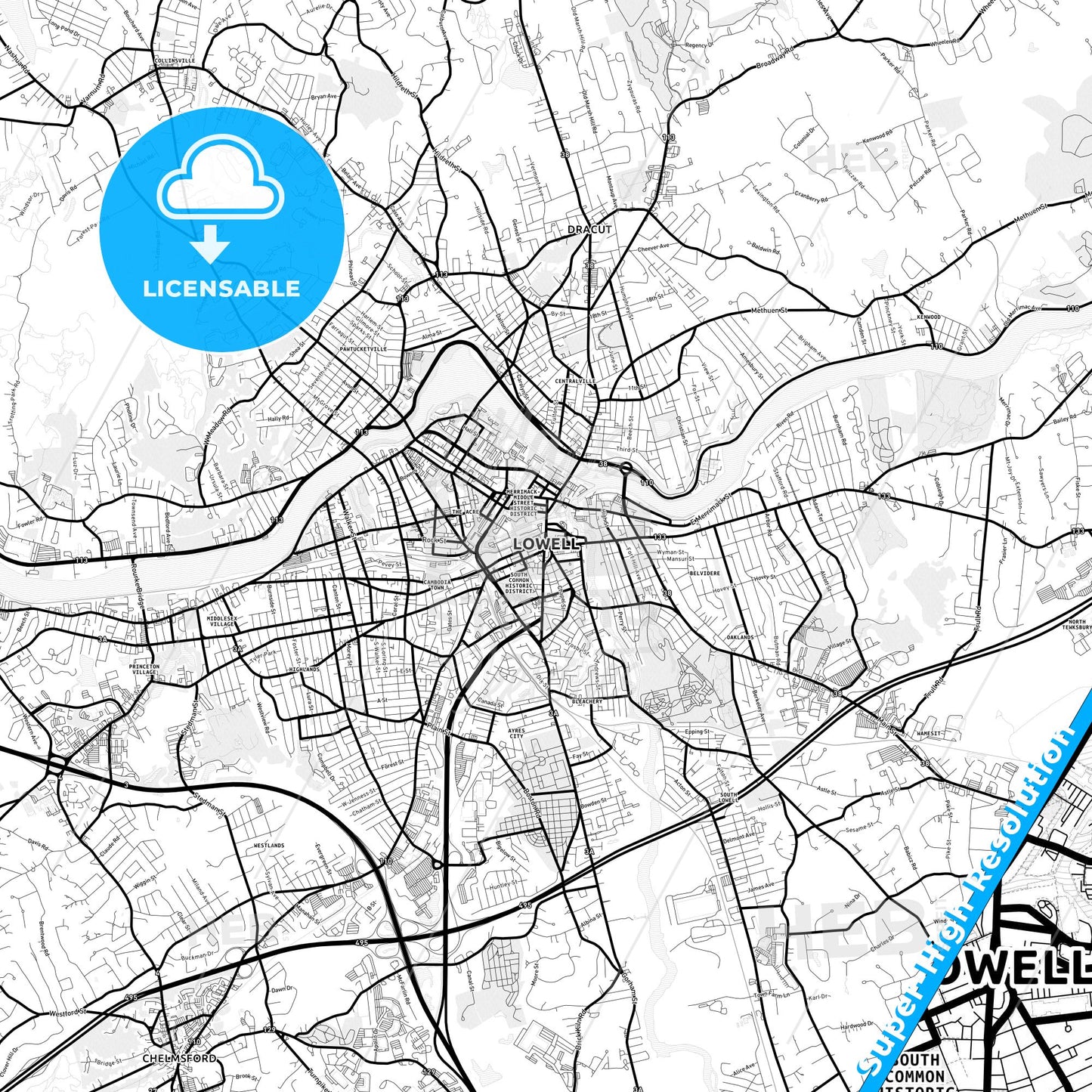 Lowell, Massachusetts Light Map with Street Names, City Names, and Districts