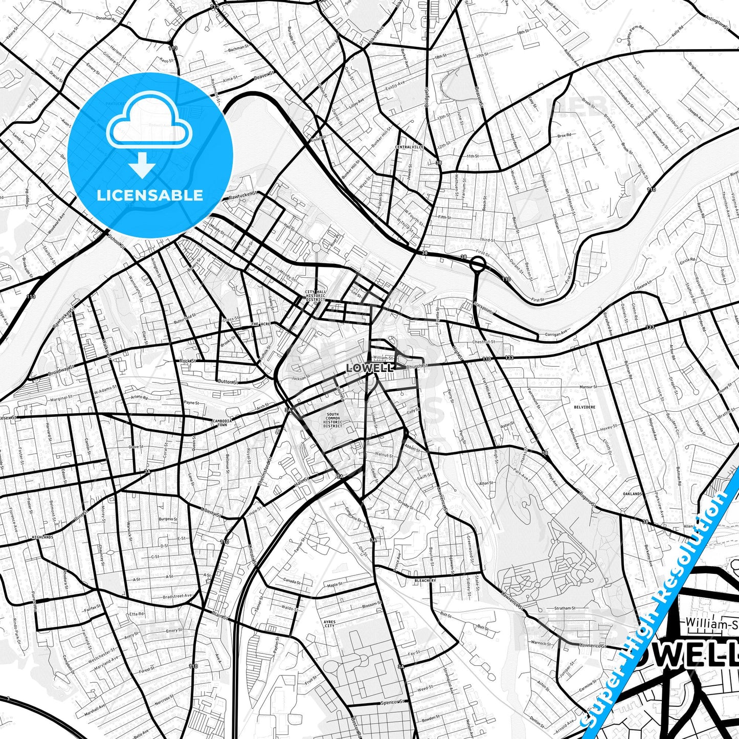 Lowell, Massachusetts Light Map with Street Names, City Names, and Districts