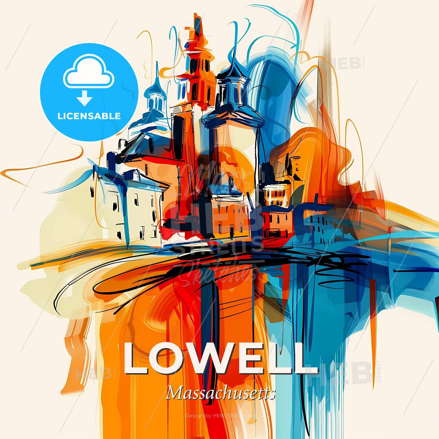 Vibrant Lowell, Massachusetts - A Colorful Painting Of Buildings - Square format print template