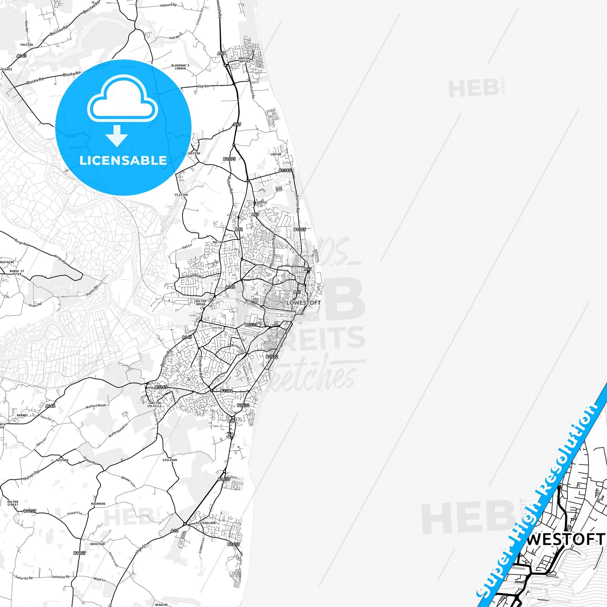 Lowestoft, England light map with streetnames, citynames and districts