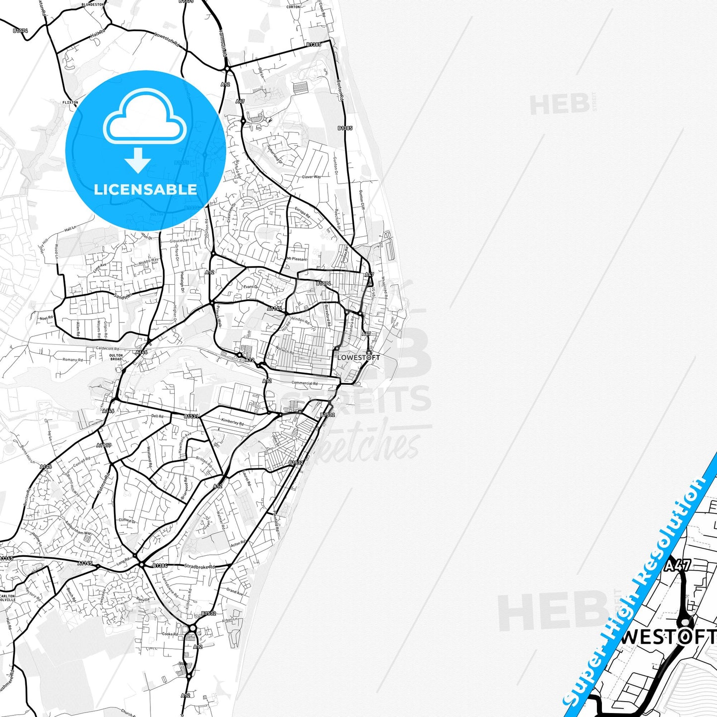 Lowestoft, England Light Map with Street Names, City Names, and Districts