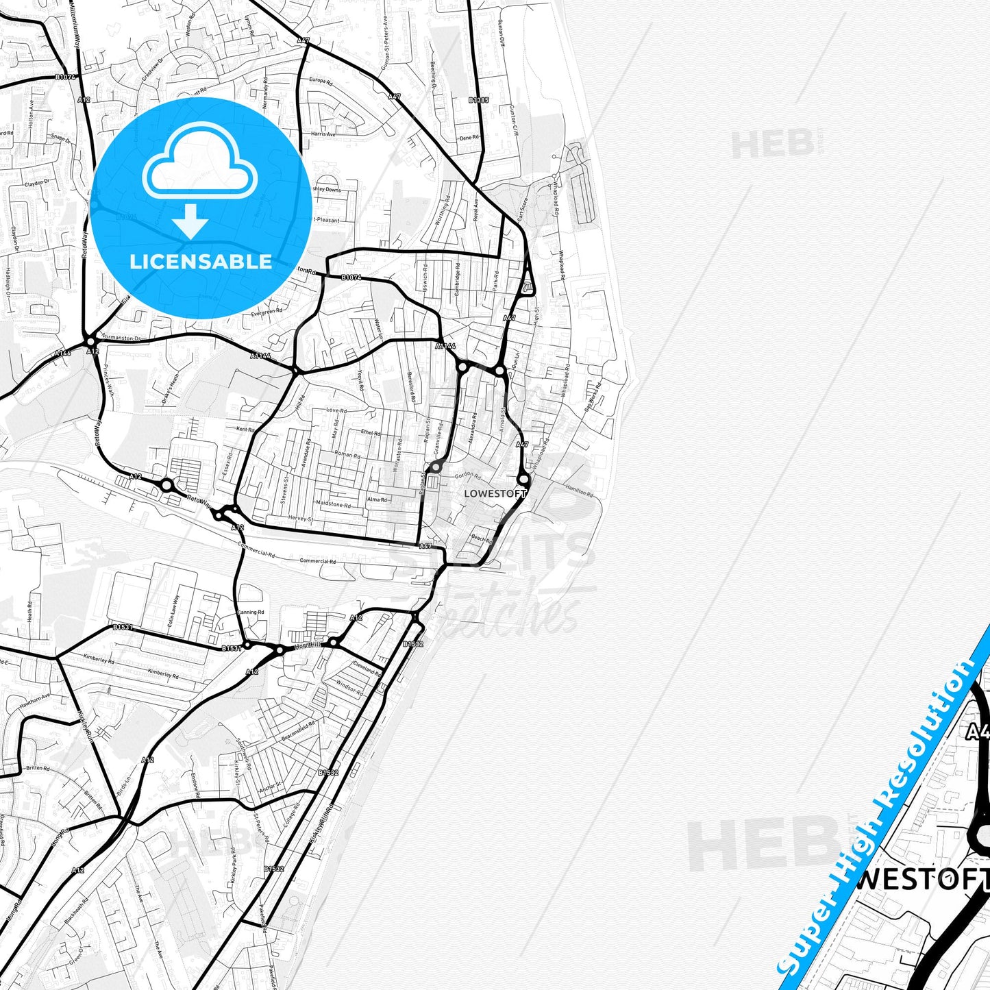 Lowestoft, England Light Map with Street Names, City Names, and Districts