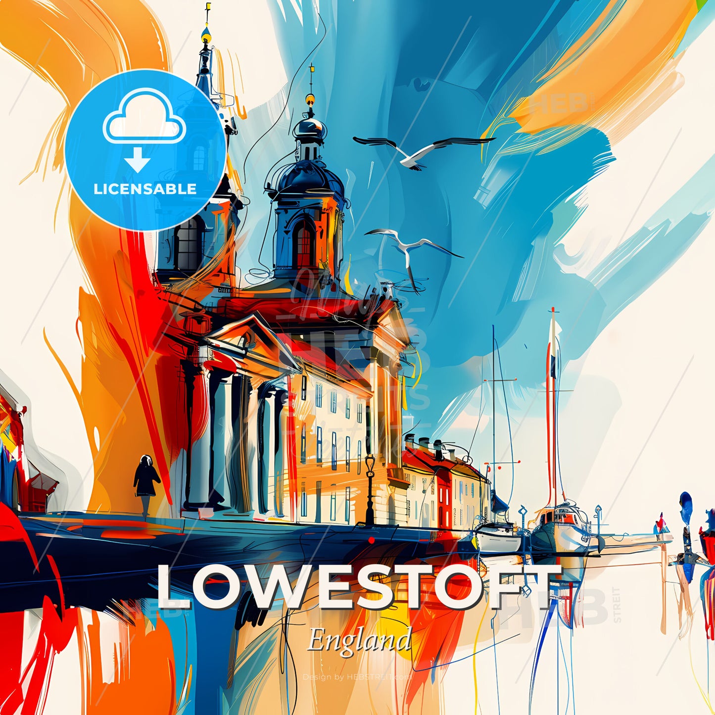 Vibrant Lowestoft, England - A Painting Of A Building With A Boat In The Water - Square format print template