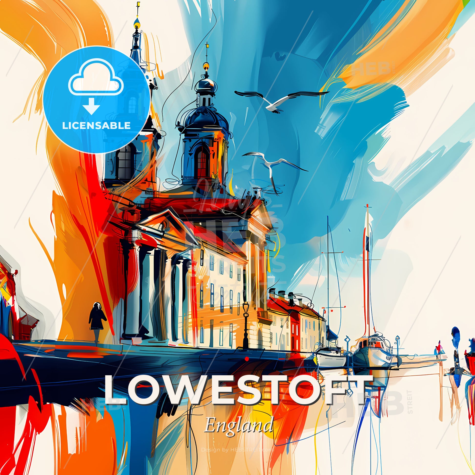 Vibrant Lowestoft, England - A Painting Of A Building With A Boat In The Water - Square format print template