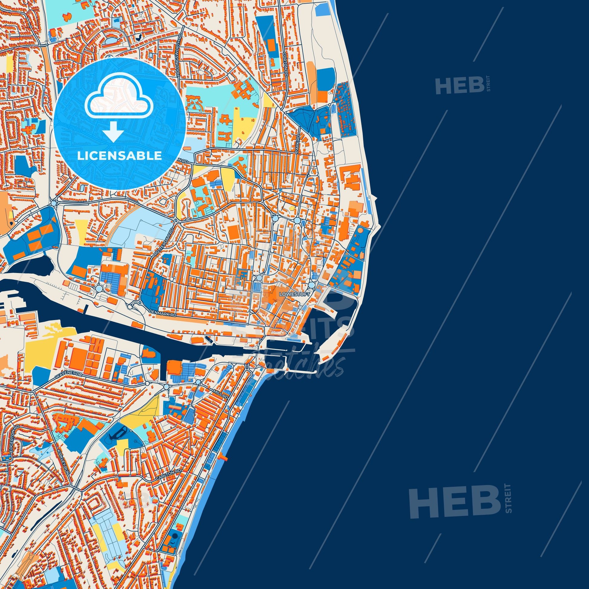 Colorful Lowestoft Street Map with Labels and Buildings