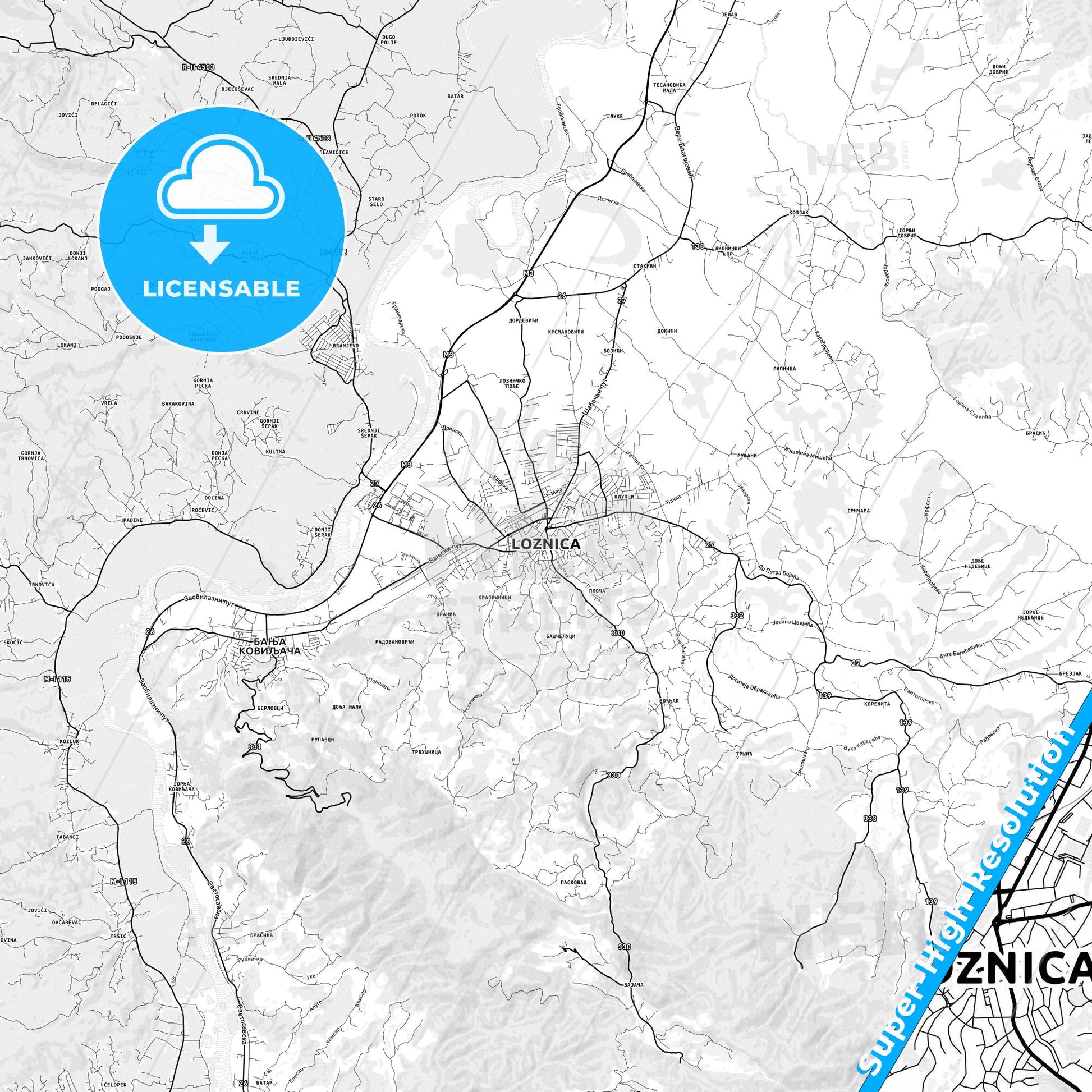 Loznica, Serbia light map with streetnames, citynames and districts