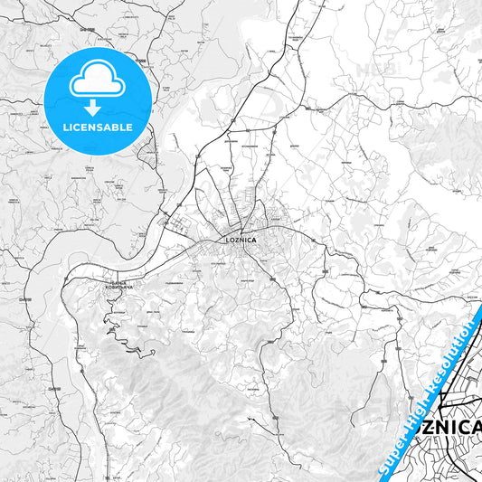 Loznica, Serbia light map with streetnames, citynames and districts