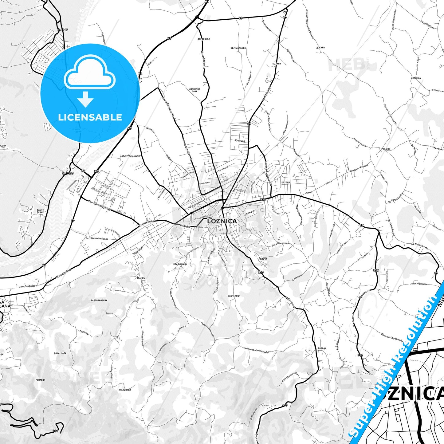 Loznica, Serbia Light Map with Street Names, City Names, and Districts