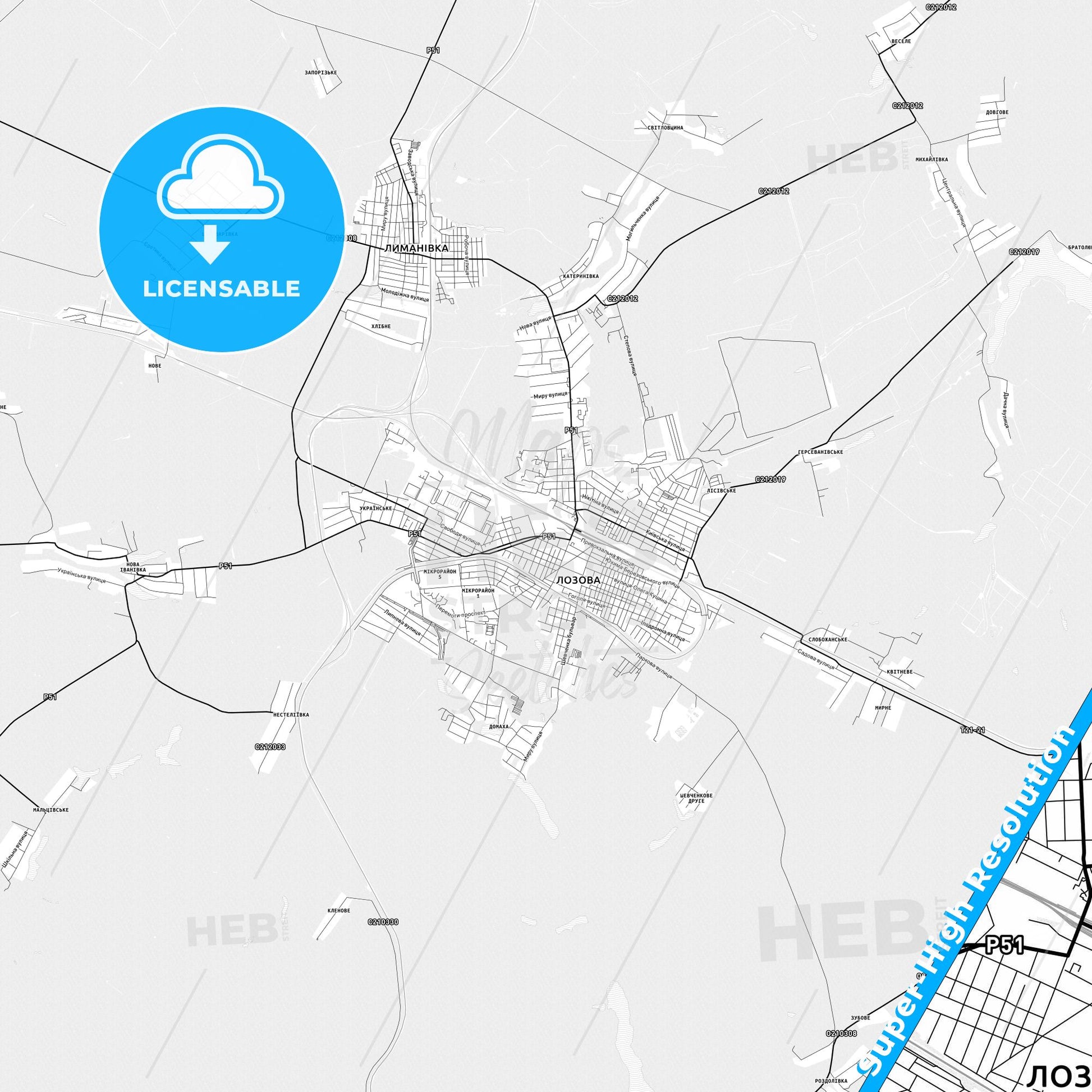 Lozova, Ukraine light map with streetnames, citynames and districts