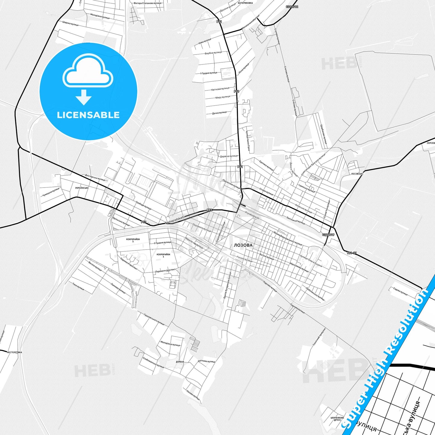 Lozova, Ukraine Light Map with Street Names, City Names, and Districts