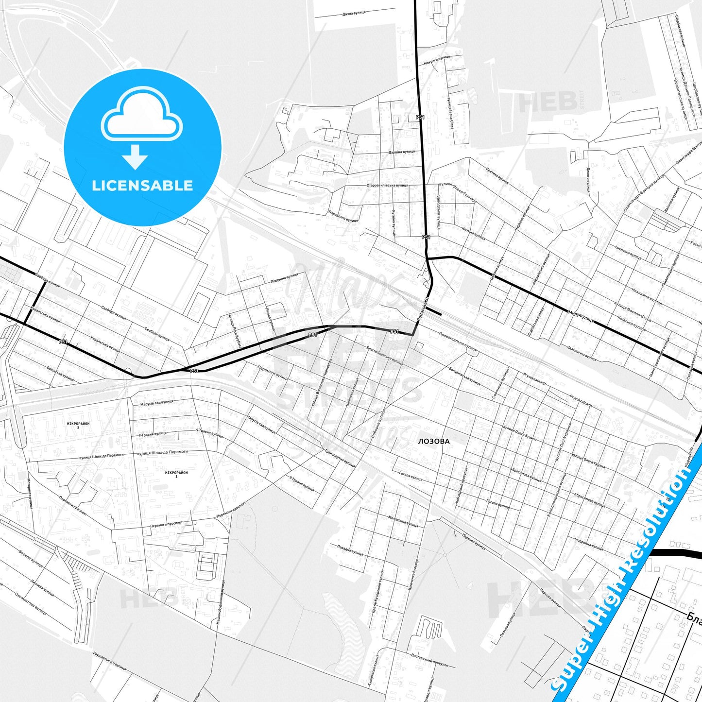Lozova, Ukraine Light Map with Street Names, City Names, and Districts