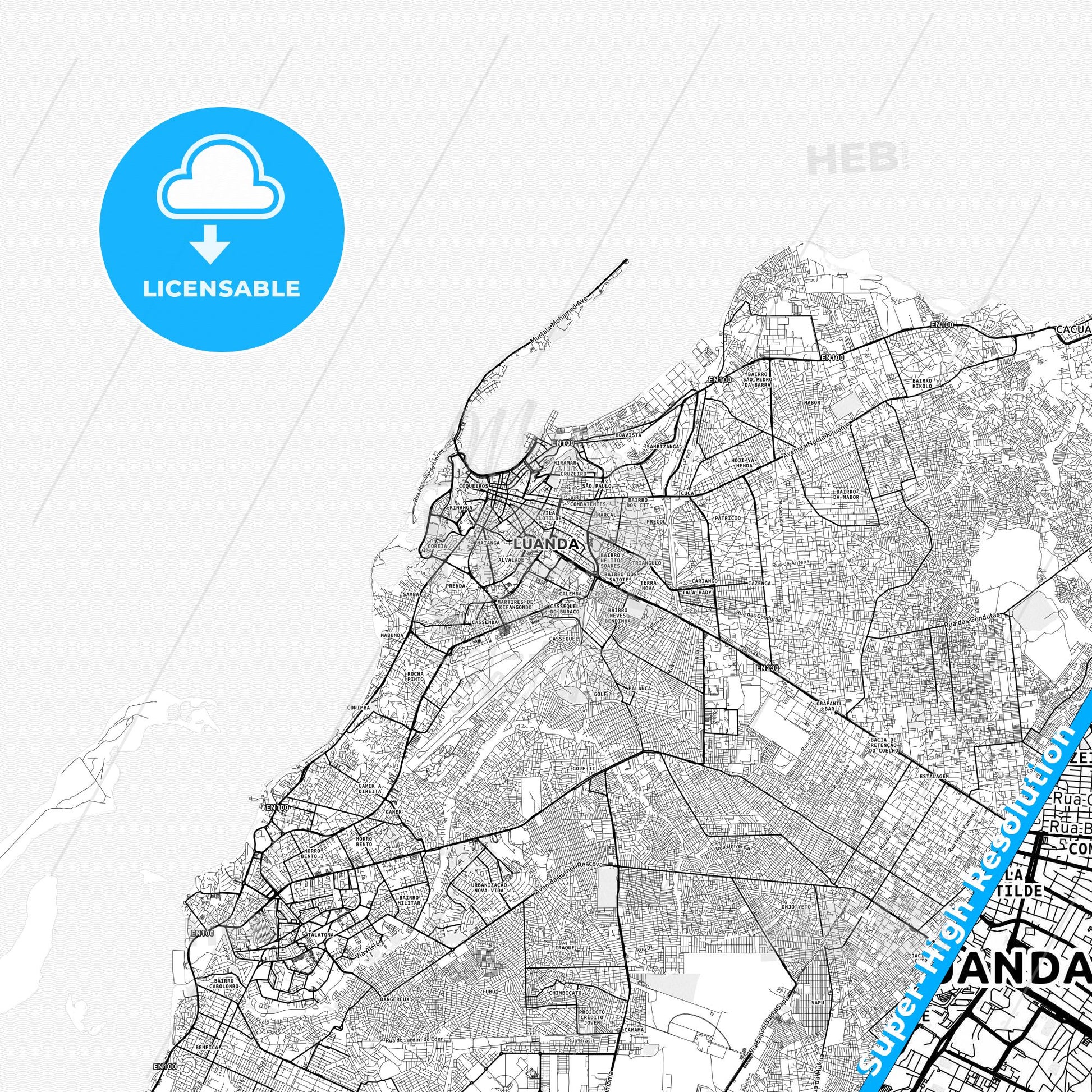 Luanda, Angola light map with streetnames, citynames and districts