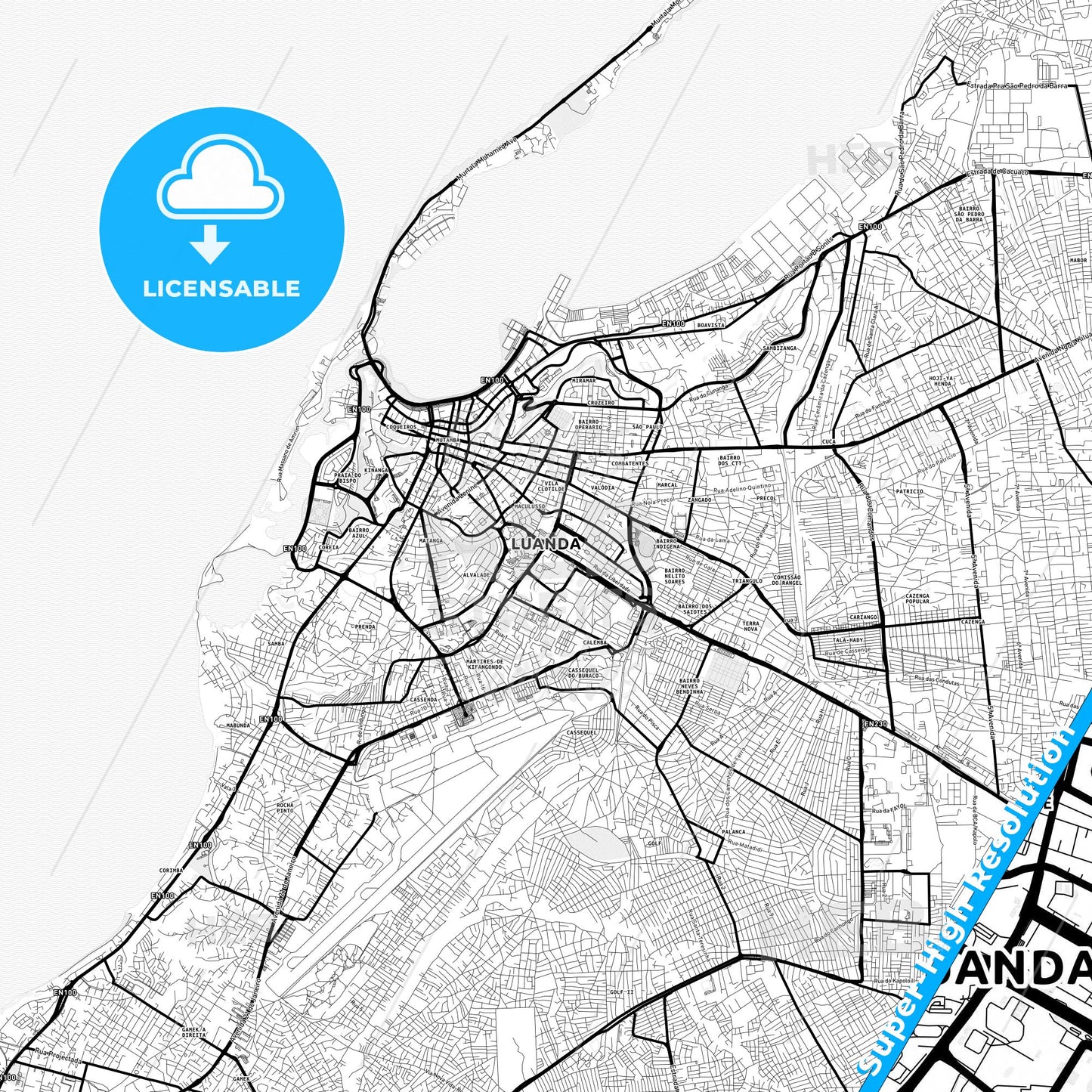 Luanda, Angola Light Map with Street Names, City Names, and Districts