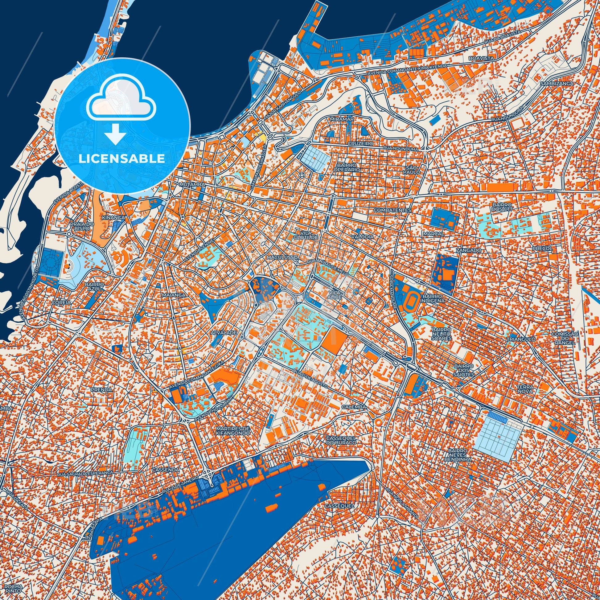 Colorful Luanda Street Map with Labels and Buildings