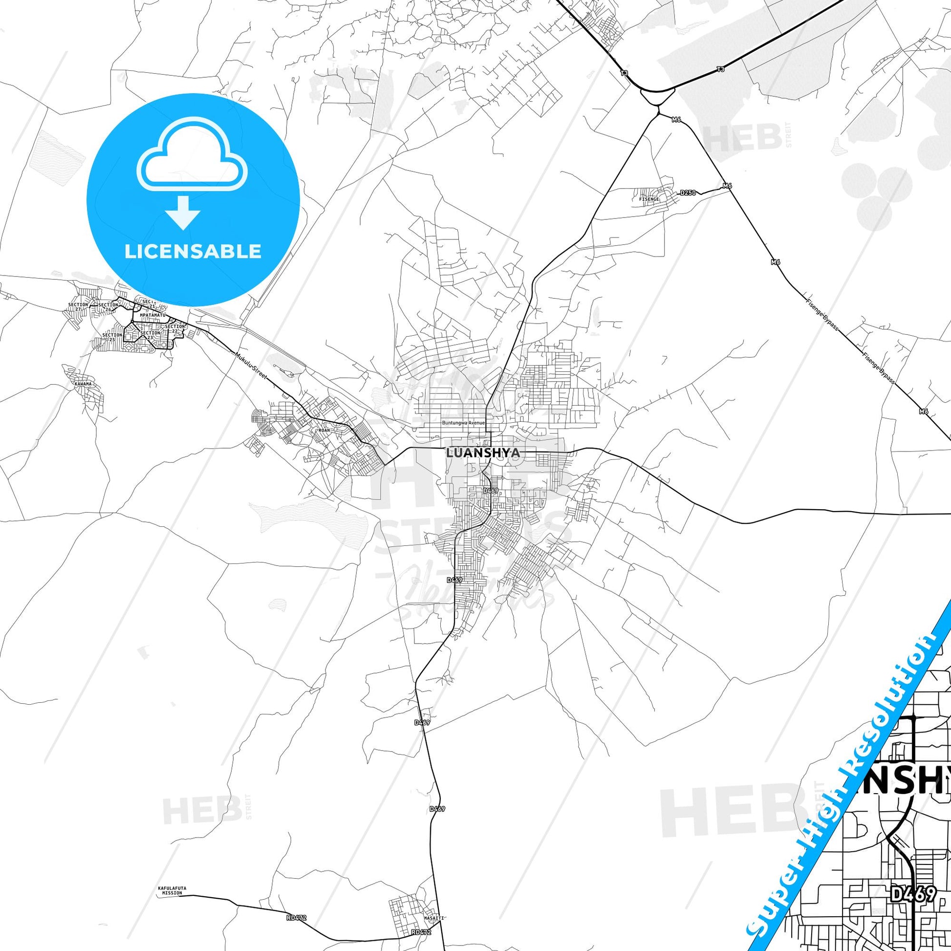 Luanshya, Zambia light map with streetnames, citynames and districts