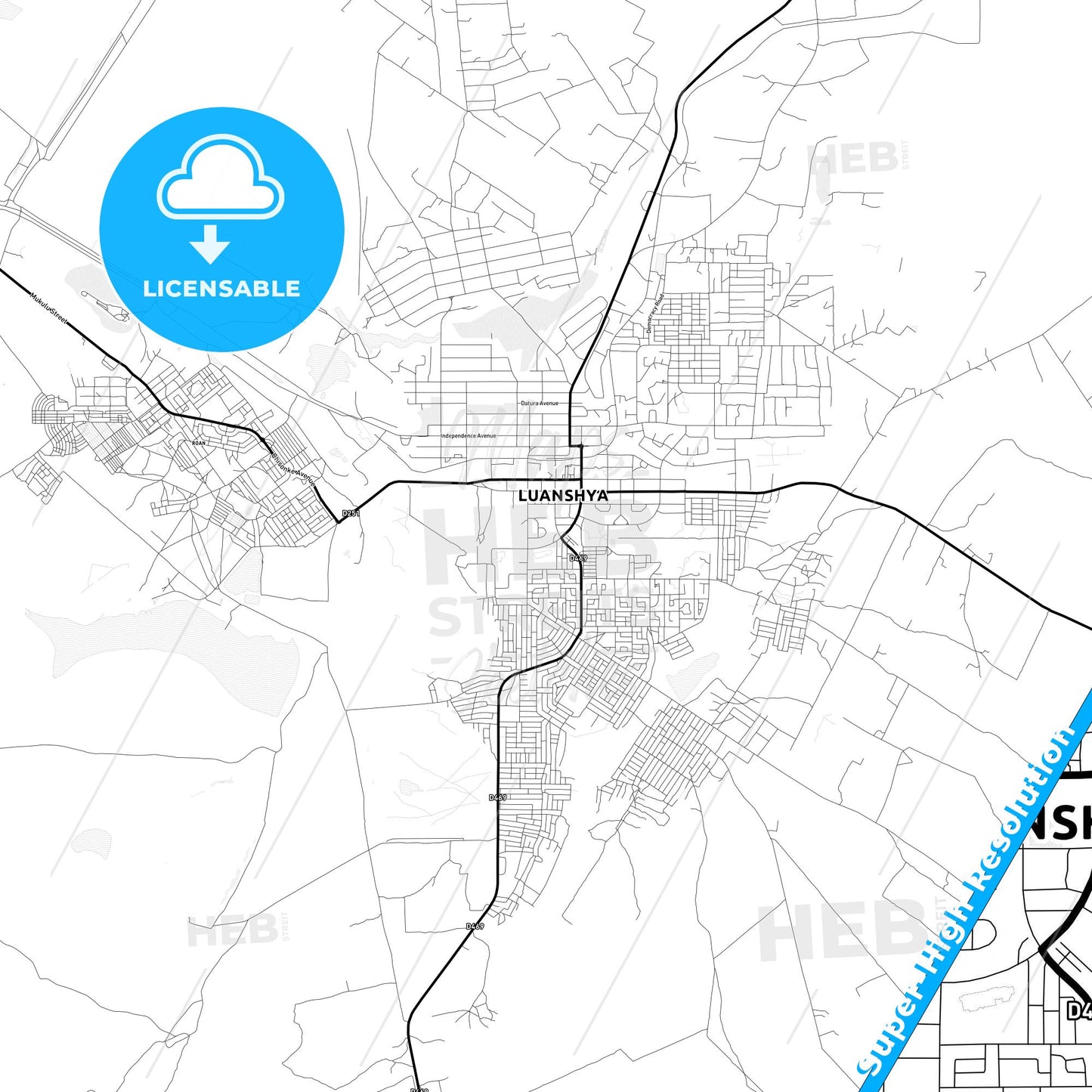 Luanshya, Zambia Light Map with Street Names, City Names, and Districts
