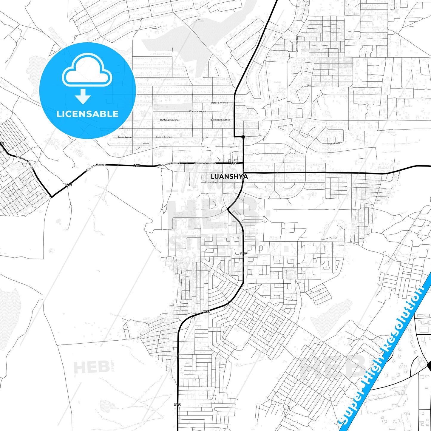 Luanshya, Zambia Light Map with Street Names, City Names, and Districts